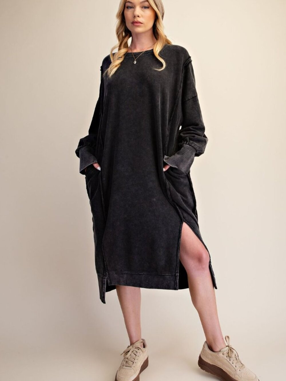 🆕🧡094 EASEL ASH BLACK WASHED TERRY PULLOVER DRESS SML NWT